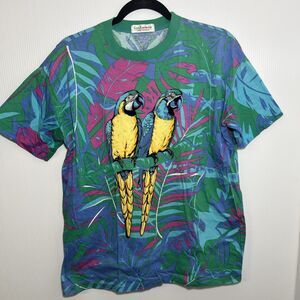 Vintage Guy Laroche T-Shirt Artsy Parrot Tropical AOP Single Stitch 42” Chest